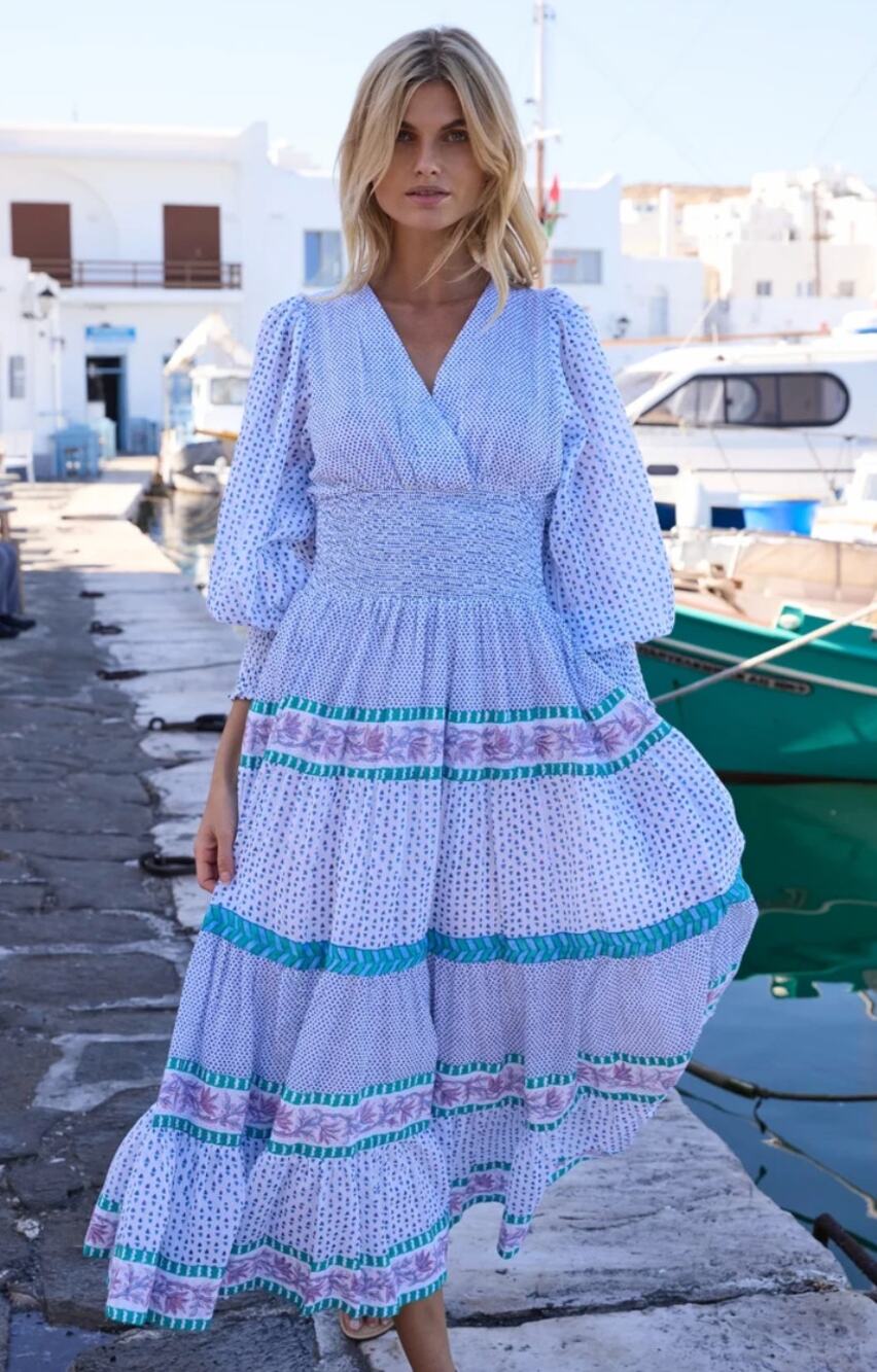 Oliphant Capri Blue Cotton Maxi Dress V Neck Smocked Waist Balloon Sleeve M